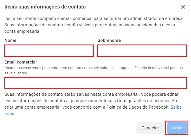Janela para preencher com as informações de contato, com os campos e o botão "Criar" destacados